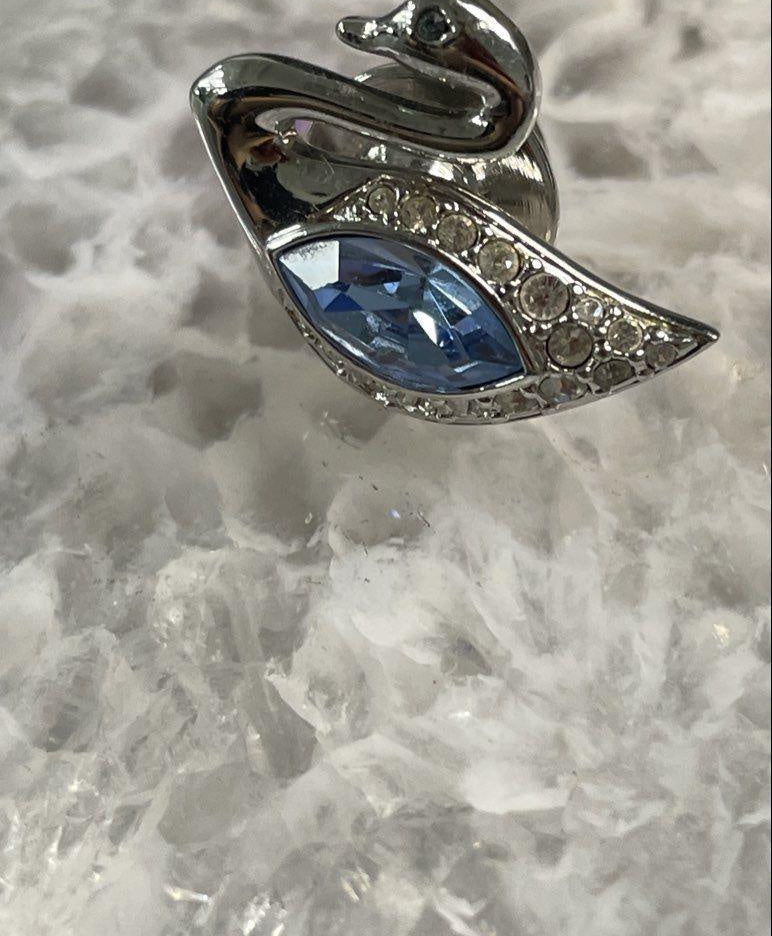 Silver-Tone Blue & Clear Cubic Zirconia Swan Pin Brooch — 0.75" / 4.4g