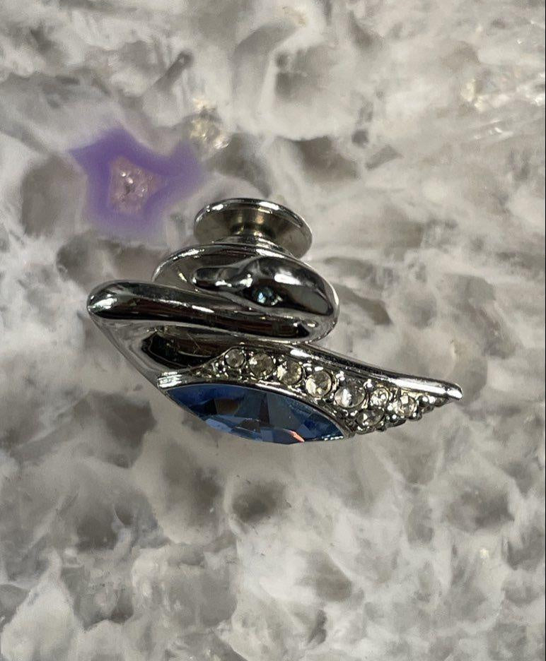 Silver-Tone Blue & Clear Cubic Zirconia Swan Pin Brooch — 0.75" / 4.4g