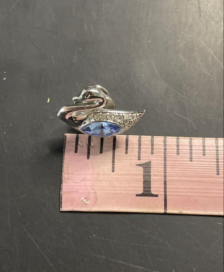 Silver-Tone Blue & Clear Cubic Zirconia Swan Pin Brooch — 0.75" / 4.4g