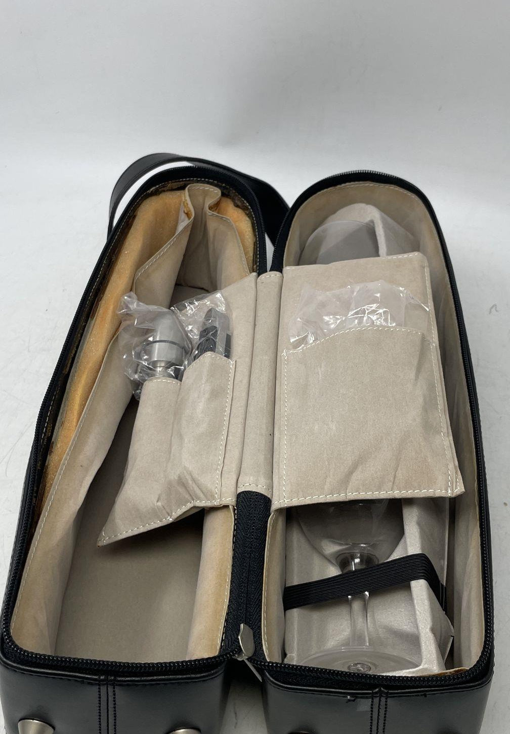 Brookstone Leather Wine Travel Case with Glasses & Bar Tools