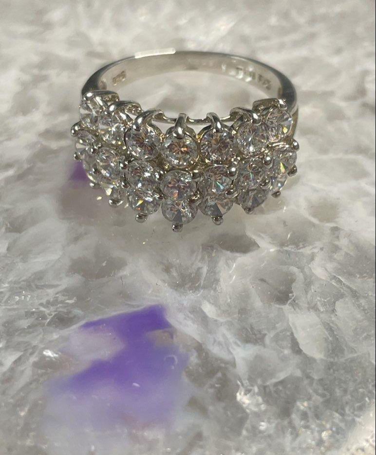 Sterling Silver 925 Three-Row Clear Faceted Stone Band Ring Size 7.5