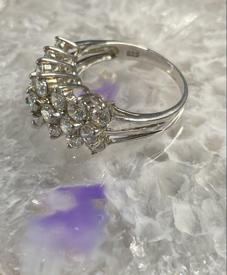 Sterling Silver 925 Three-Row Clear Faceted Stone Band Ring Size 7.5