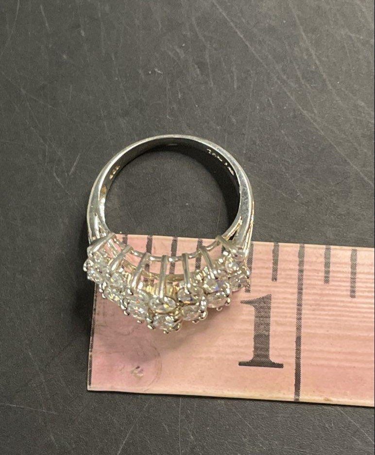 Sterling Silver 925 Three-Row Clear Faceted Stone Band Ring Size 7.5