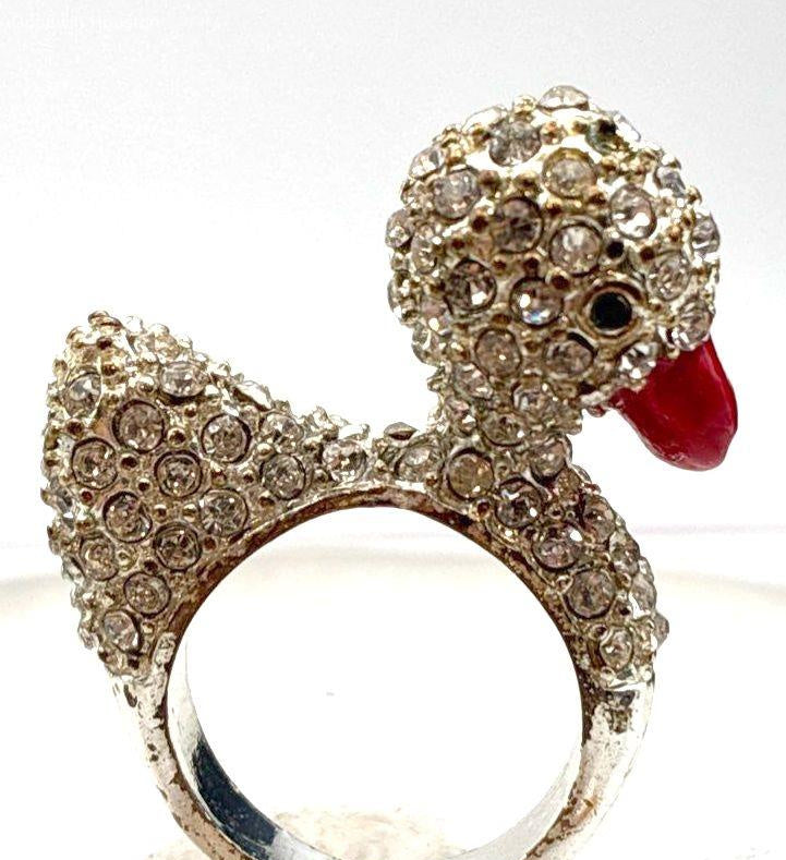 Vintage Silver Tone Icy Rhinestone Enamel Figural Duck Ring 11.9g SZ 5.75
