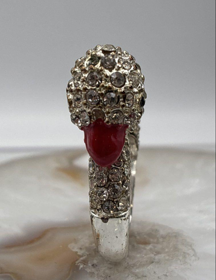 Vintage Silver Tone Icy Rhinestone Enamel Figural Duck Ring 11.9g SZ 5.75