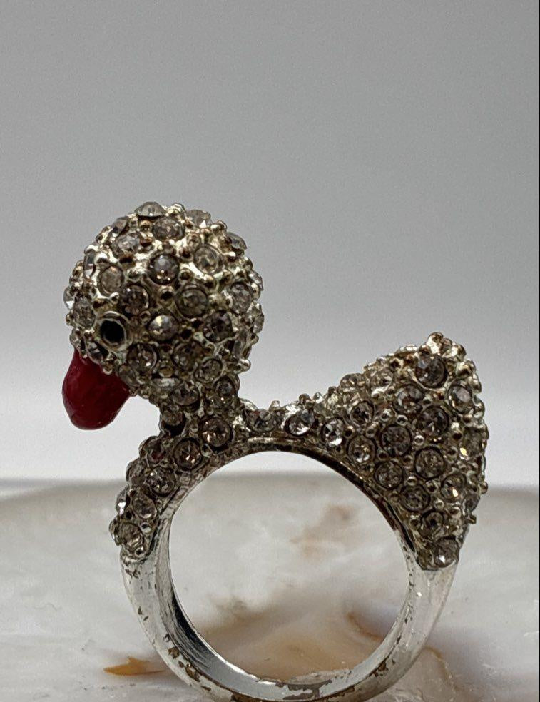 Vintage Silver Tone Icy Rhinestone Enamel Figural Duck Ring 11.9g SZ 5.75