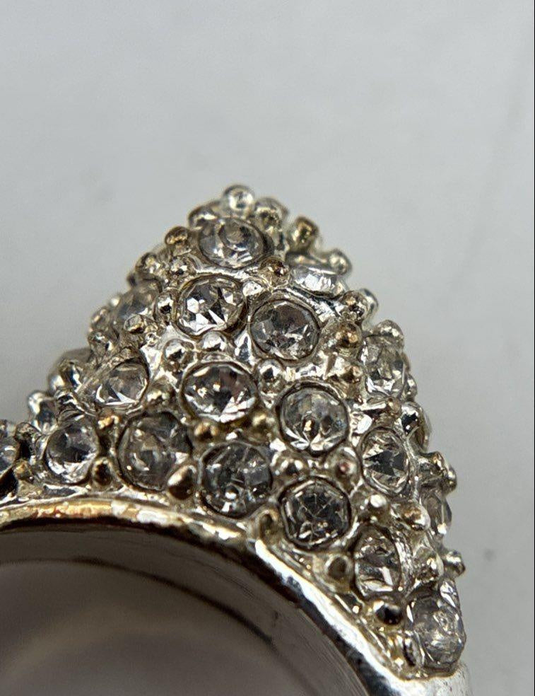 Vintage Silver Tone Icy Rhinestone Enamel Figural Duck Ring 11.9g SZ 5.75