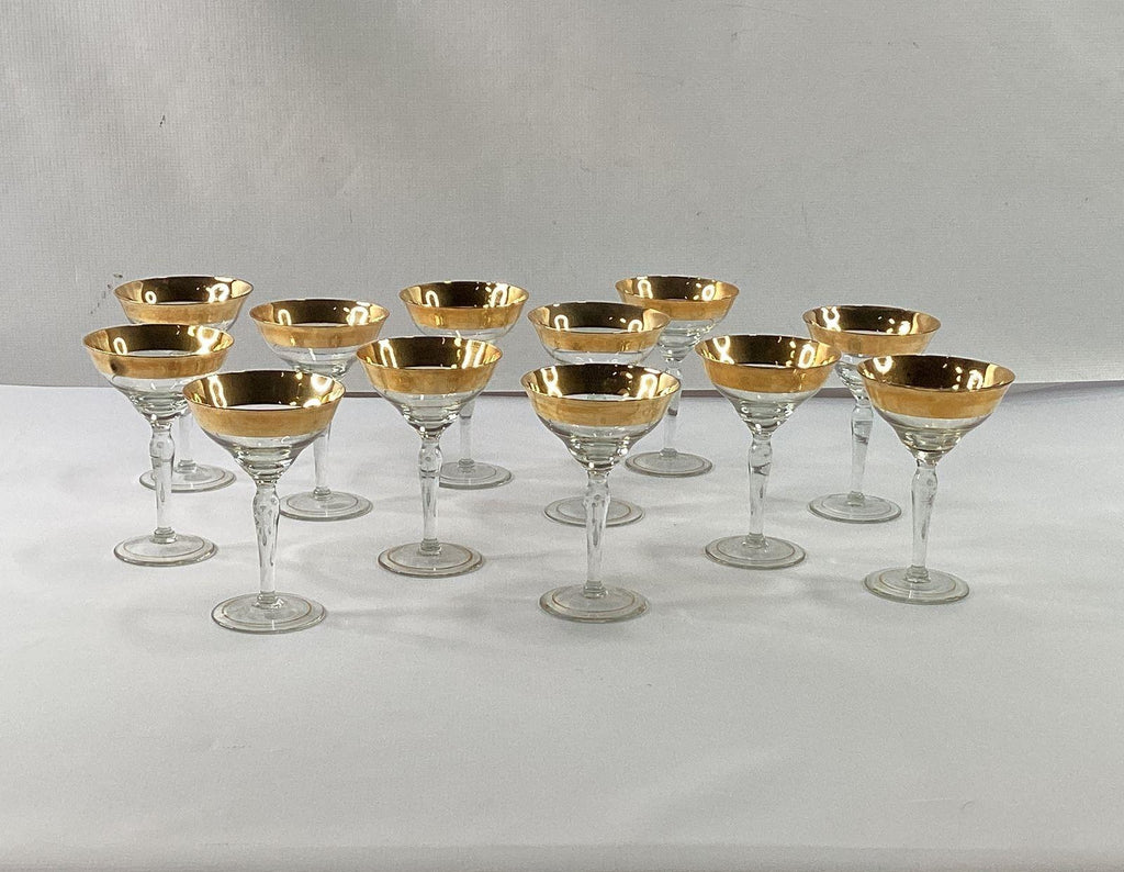 Vintage Gold Band Rim Champagne Coupes 12 Piece Set Sherbet Glasses 4.25 Inch
