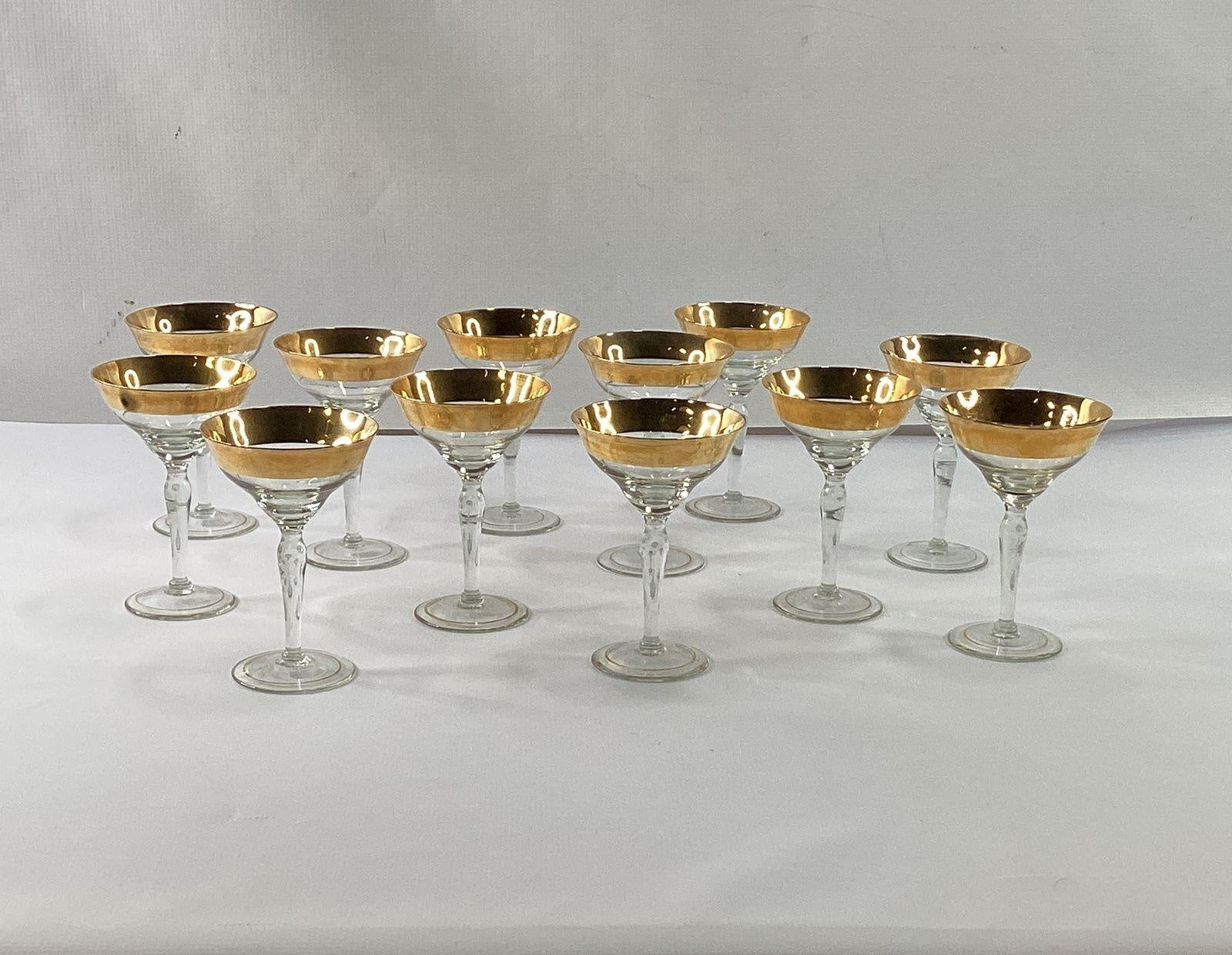 Vintage Gold Band Rim Champagne Coupes 12 Piece Set Sherbet Glasses 4.25 Inch