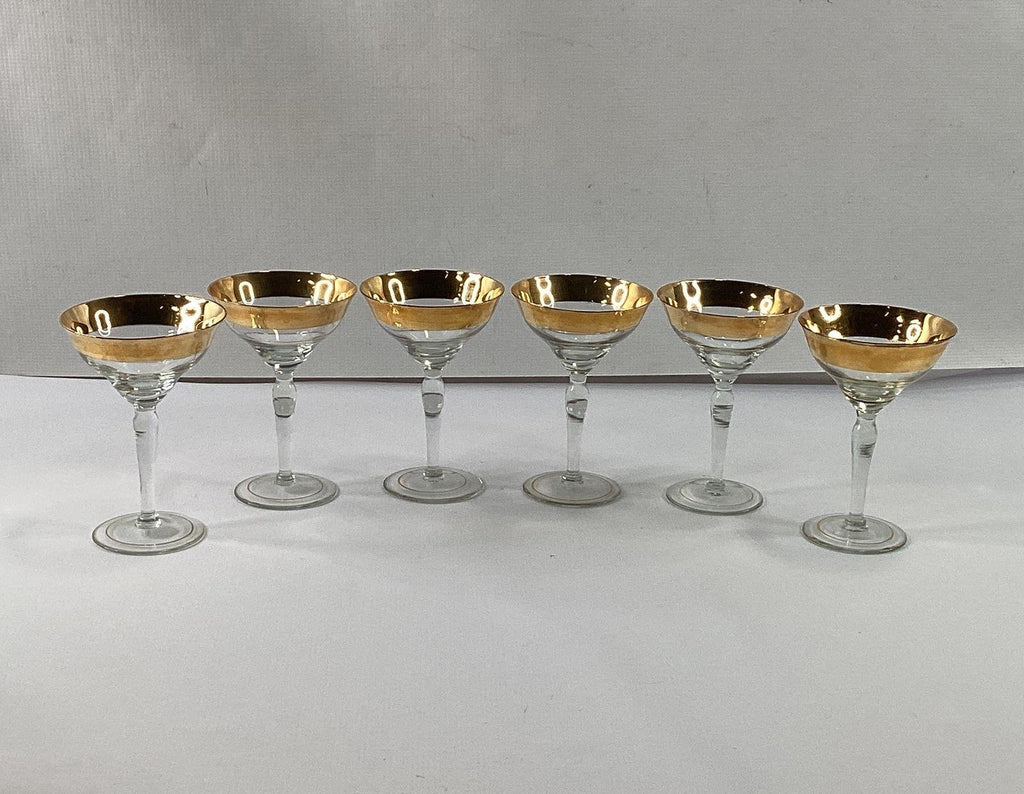 Vintage Gold Band Rim Champagne Coupes 12 Piece Set Sherbet Glasses 4.25 Inch