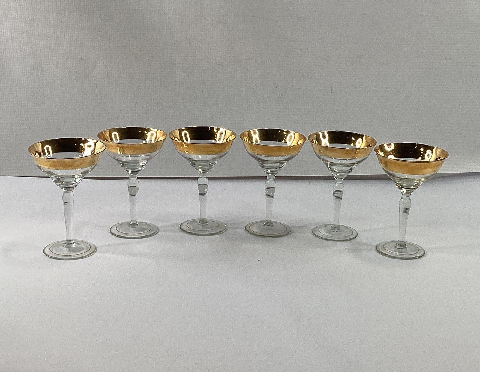 Vintage Gold Band Rim Champagne Coupes 12 Piece Set Sherbet Glasses 4.25 Inch