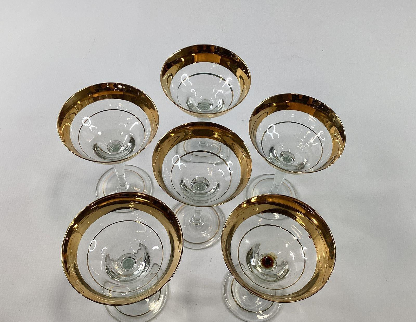Vintage Gold Band Rim Champagne Coupes 12 Piece Set Sherbet Glasses 4.25 Inch