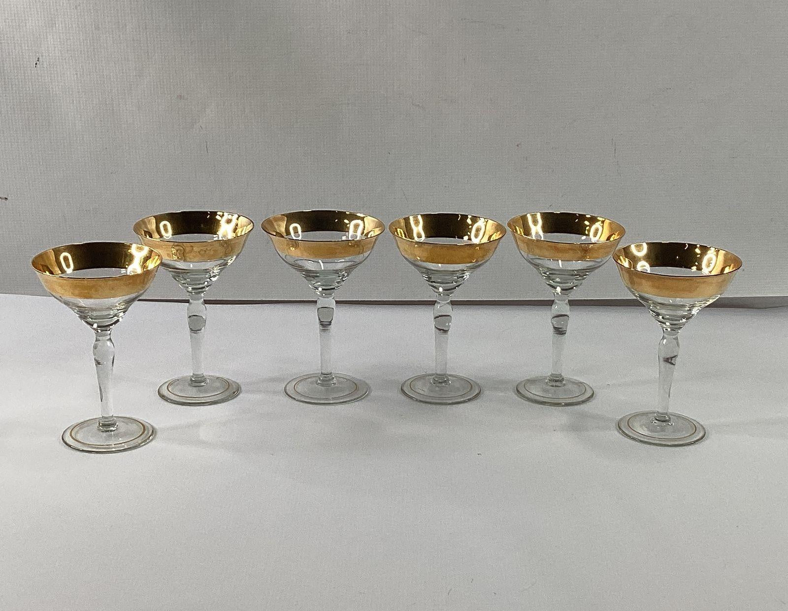 Vintage Gold Band Rim Champagne Coupes 12 Piece Set Sherbet Glasses 4.25 Inch