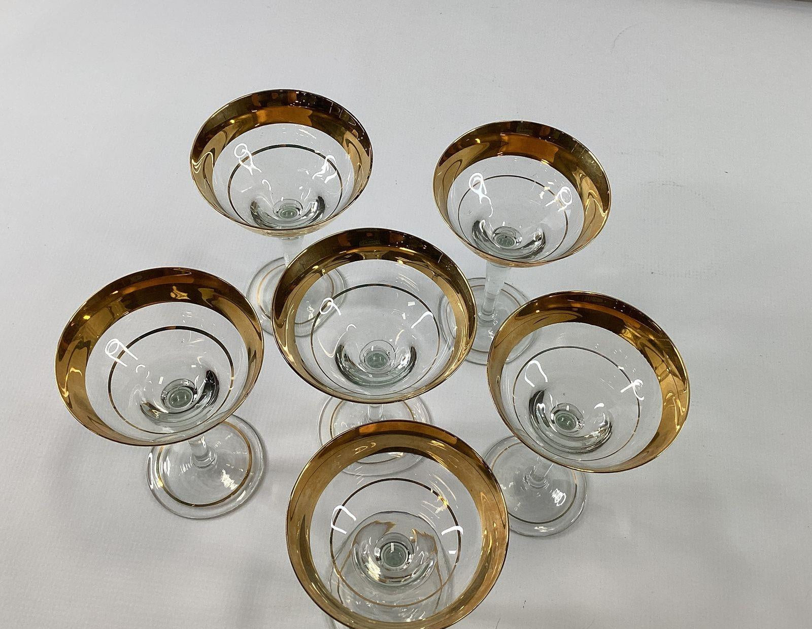 Vintage Gold Band Rim Champagne Coupes 12 Piece Set Sherbet Glasses 4.25 Inch