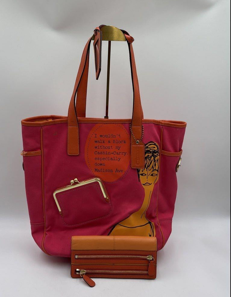Coach Pink Orange Bonnie Cashin Illustration Canvas Tote Bag & Wallet Set COA