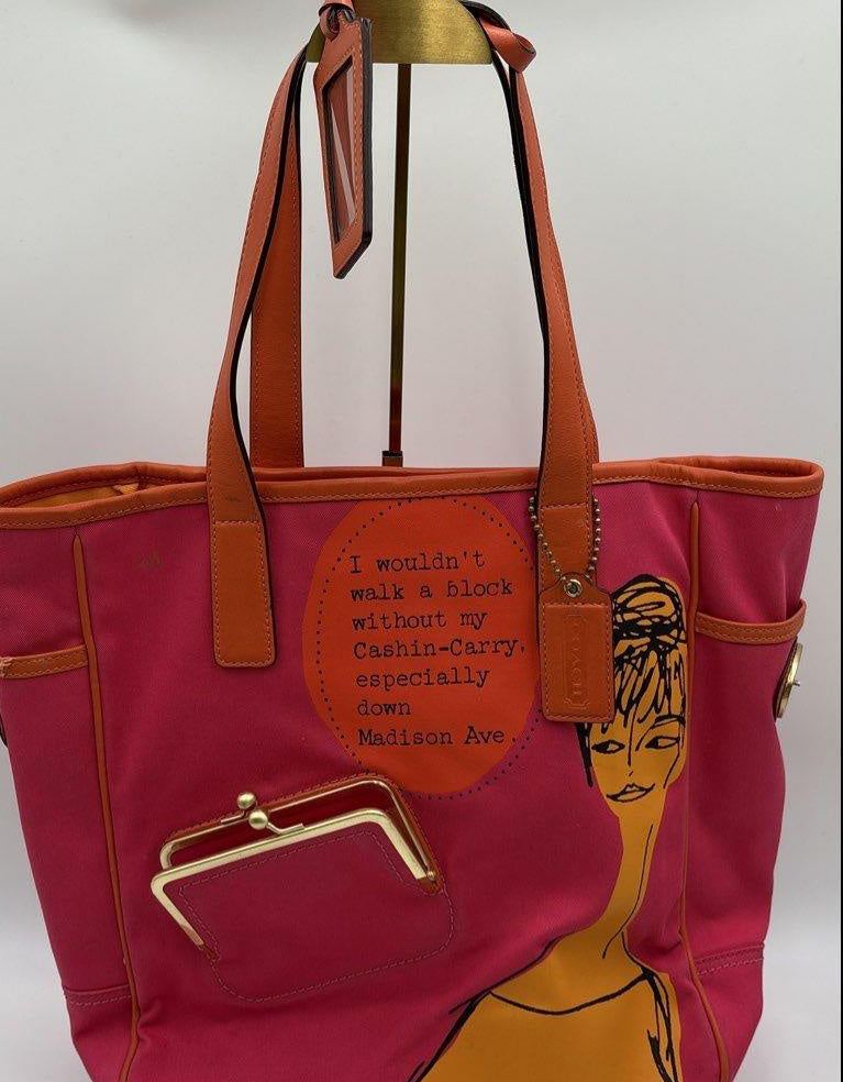 Coach Pink Orange Bonnie Cashin Illustration Canvas Tote Bag & Wallet Set COA