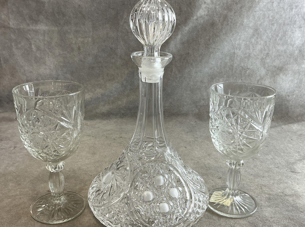 Libbey Wellington Clear Glass 3 Piece Set Decanter and 2 Wine Goblets Vintage