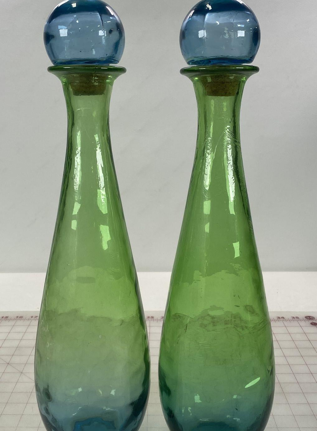 2 Vintage Green Art Bubble Glass Decanter w/ Stoppers