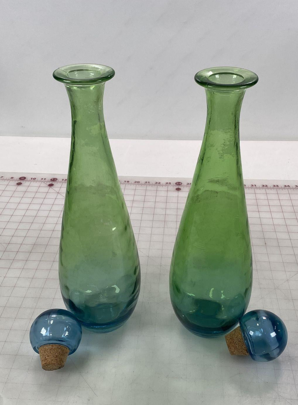 2 Vintage Green Art Bubble Glass Decanter w/ Stoppers
