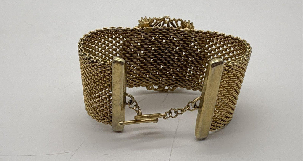 Vintage Gold-Tone Ornate Rhinestone Mesh Link Toggle Bracelet