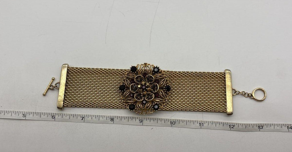 Vintage Gold-Tone Ornate Rhinestone Mesh Link Toggle Bracelet