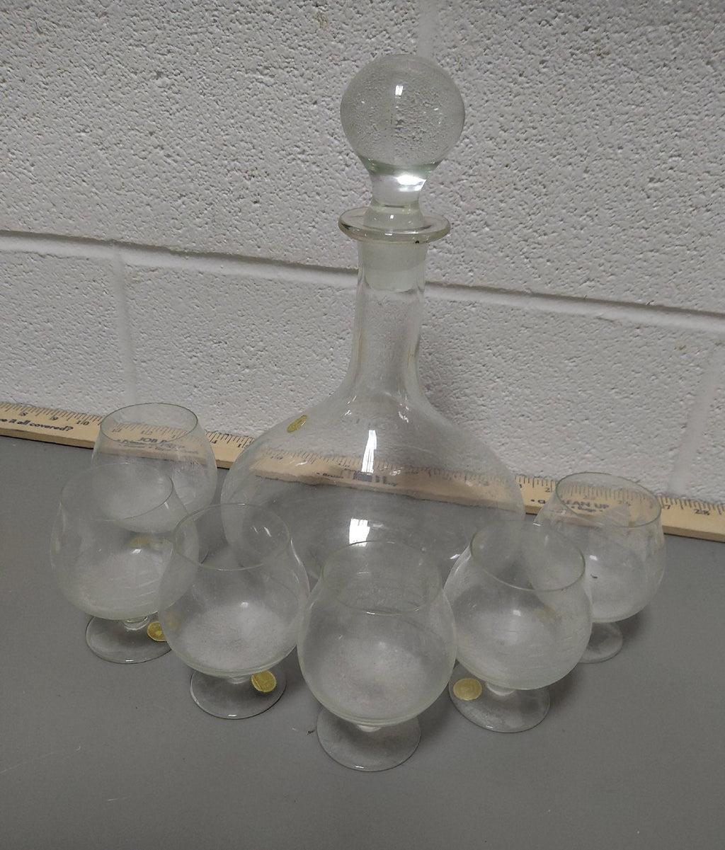 Vintage Clear Glass Decanter Set Etched Sailing Ship 1 Decanter 6 Glasses