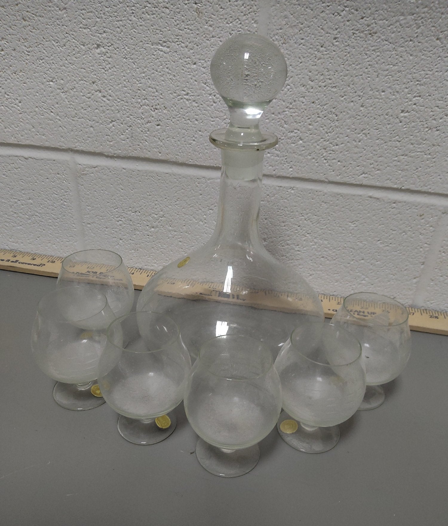 Vintage Clear Glass Decanter Set Etched Sailing Ship 1 Decanter 6 Glasses