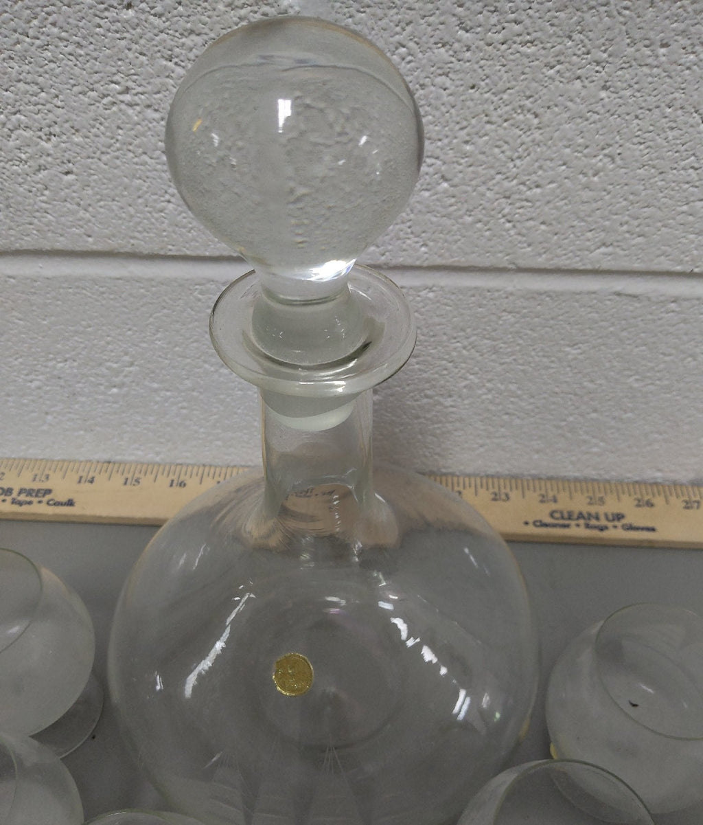 Vintage Clear Glass Decanter Set Etched Sailing Ship 1 Decanter 6 Glasses
