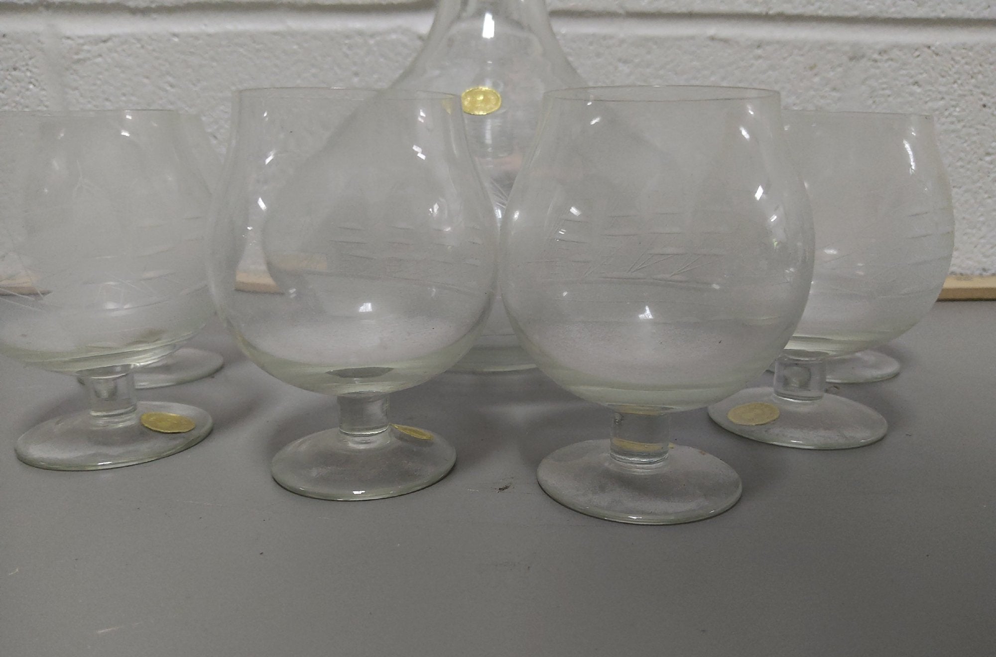 Vintage Clear Glass Decanter Set Etched Sailing Ship 1 Decanter 6 Glasses