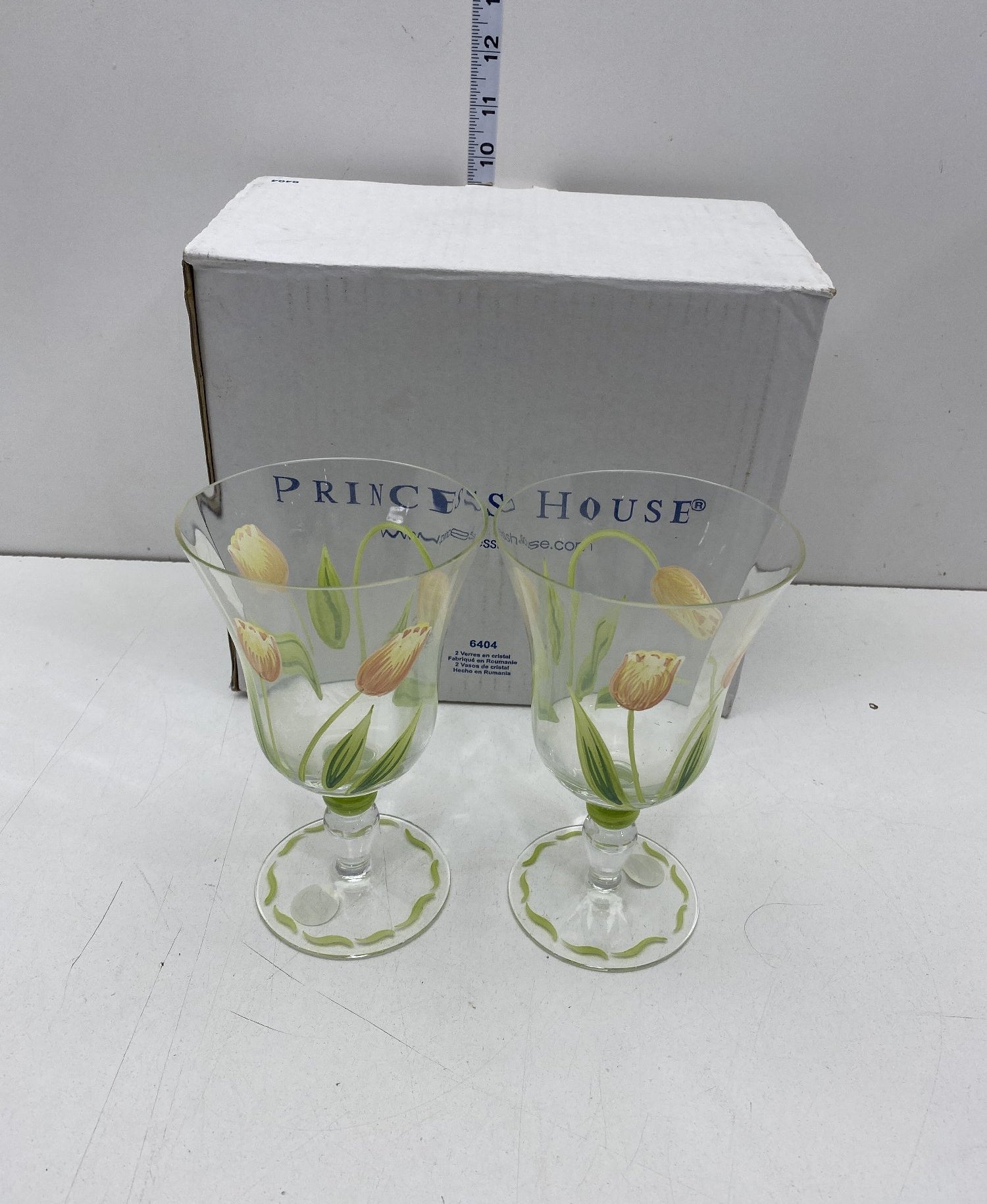 Set of 2 Princess House Cottage Tulip Goblets Hand Painted Glass 6.5 Inch