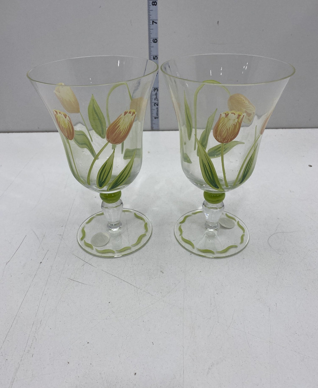 Set of 2 Princess House Cottage Tulip Goblets Hand Painted Glass 6.5 Inch