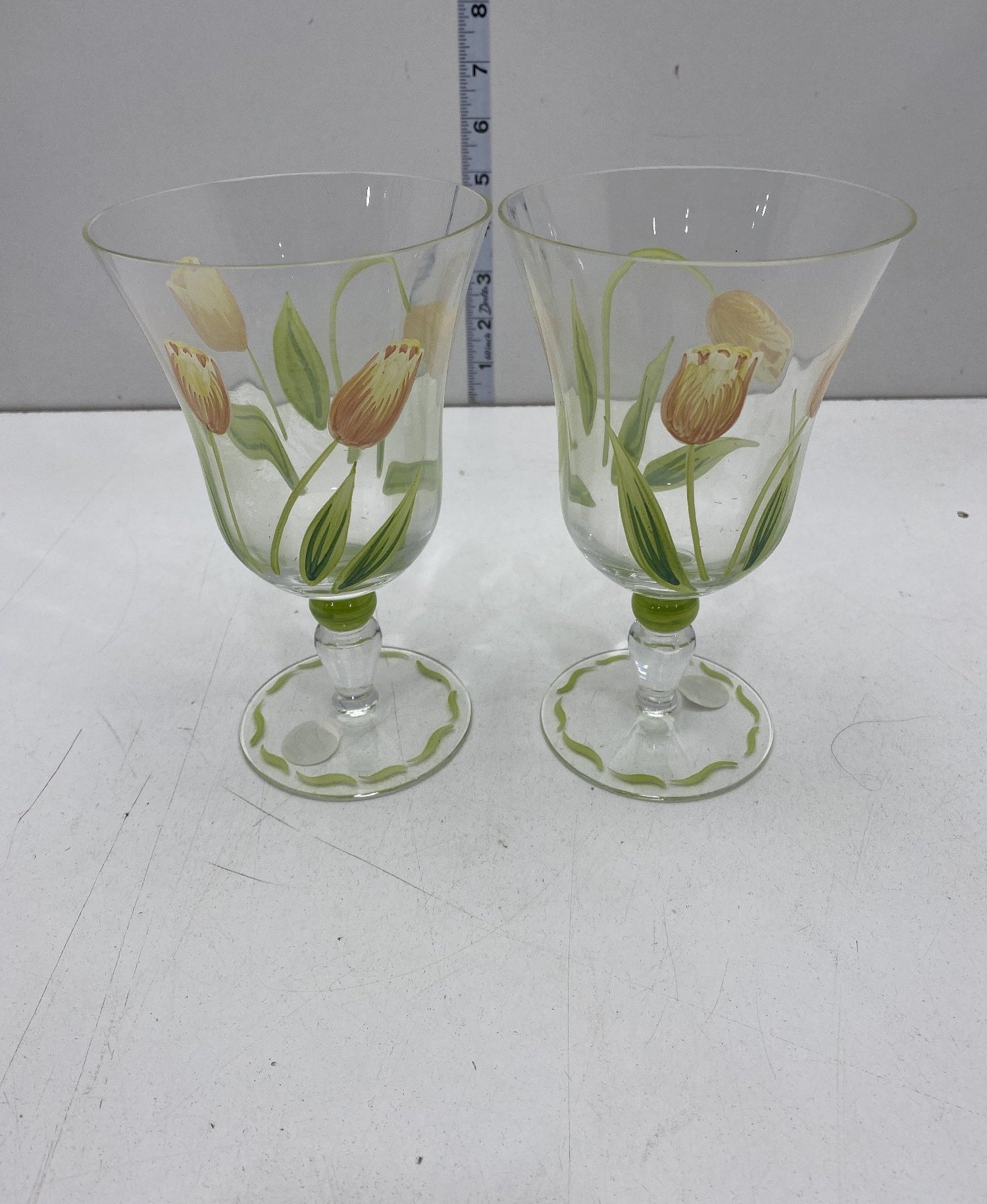 Set of 2 Princess House Cottage Tulip Goblets Hand Painted Glass 6.5 Inch