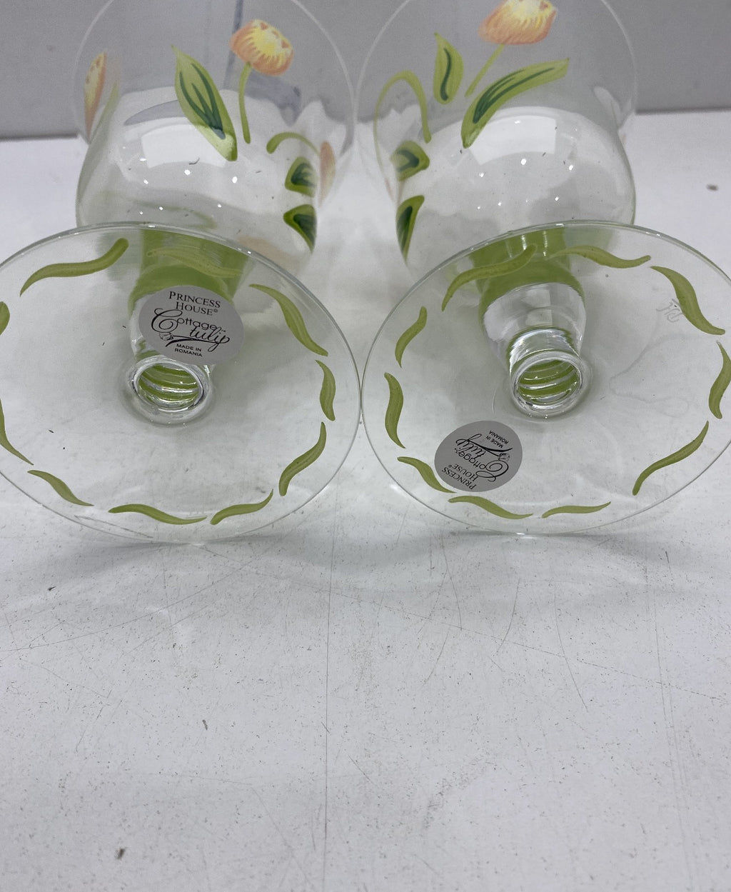 Set of 2 Princess House Cottage Tulip Goblets Hand Painted Glass 6.5 Inch