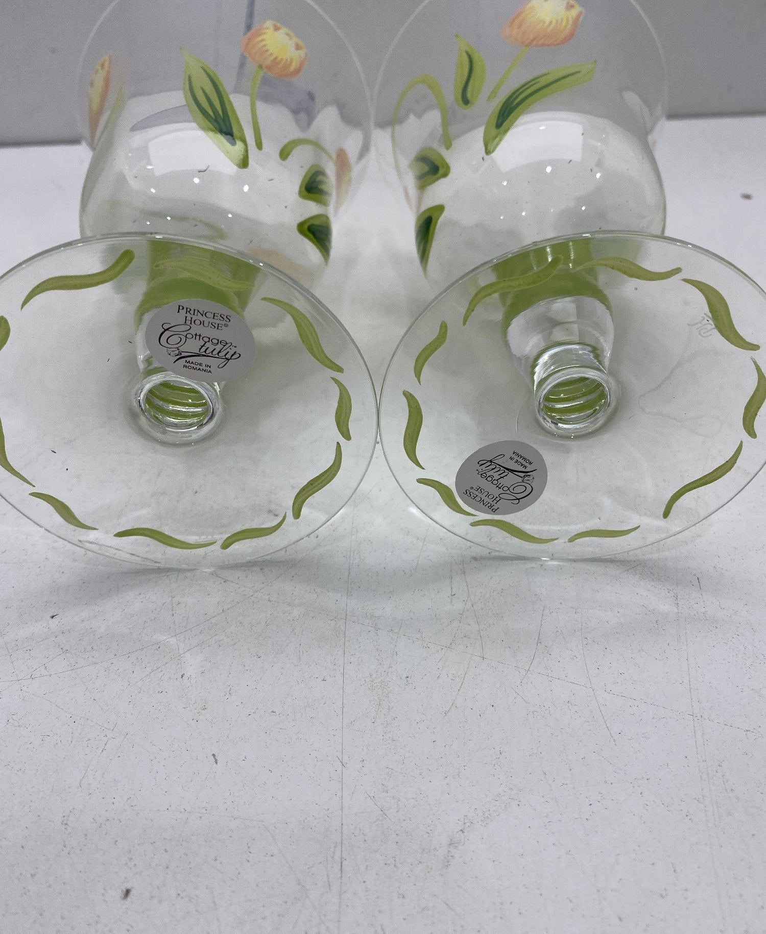 Set of 2 Princess House Cottage Tulip Goblets Hand Painted Glass 6.5 Inch