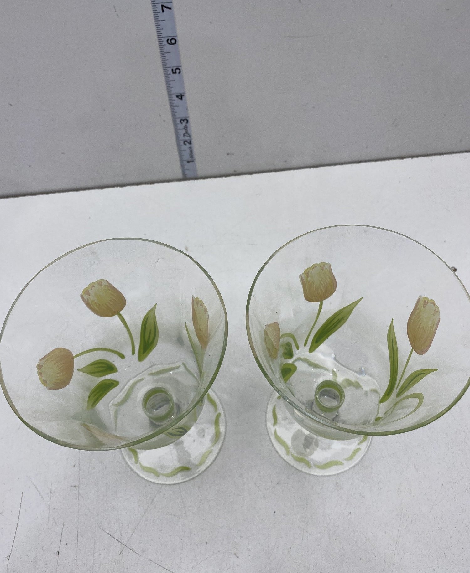 Set of 2 Princess House Cottage Tulip Goblets Hand Painted Glass 6.5 Inch