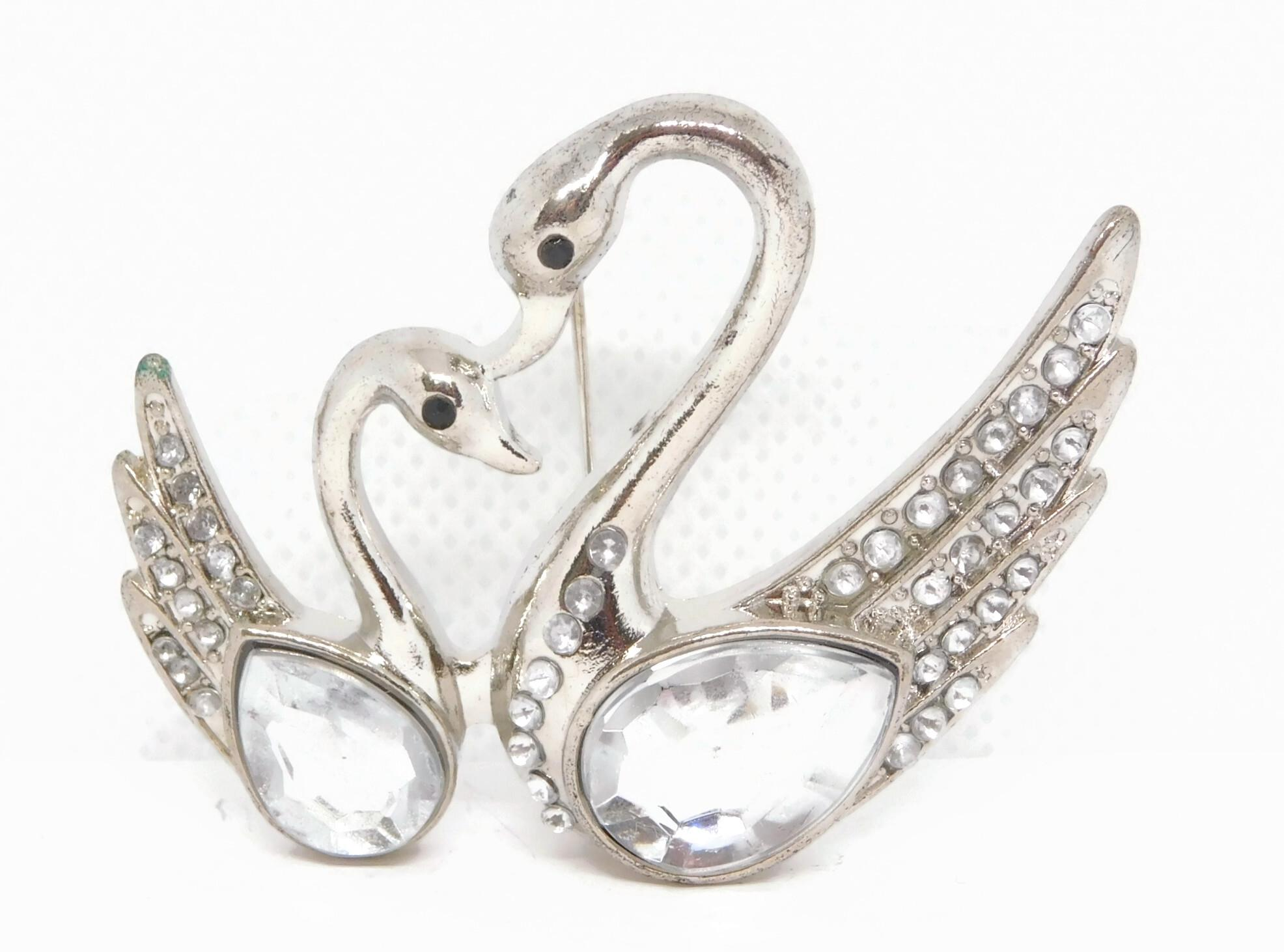 Vintage Silver-Tone Mother & Baby Swan Rhinestone Brooch