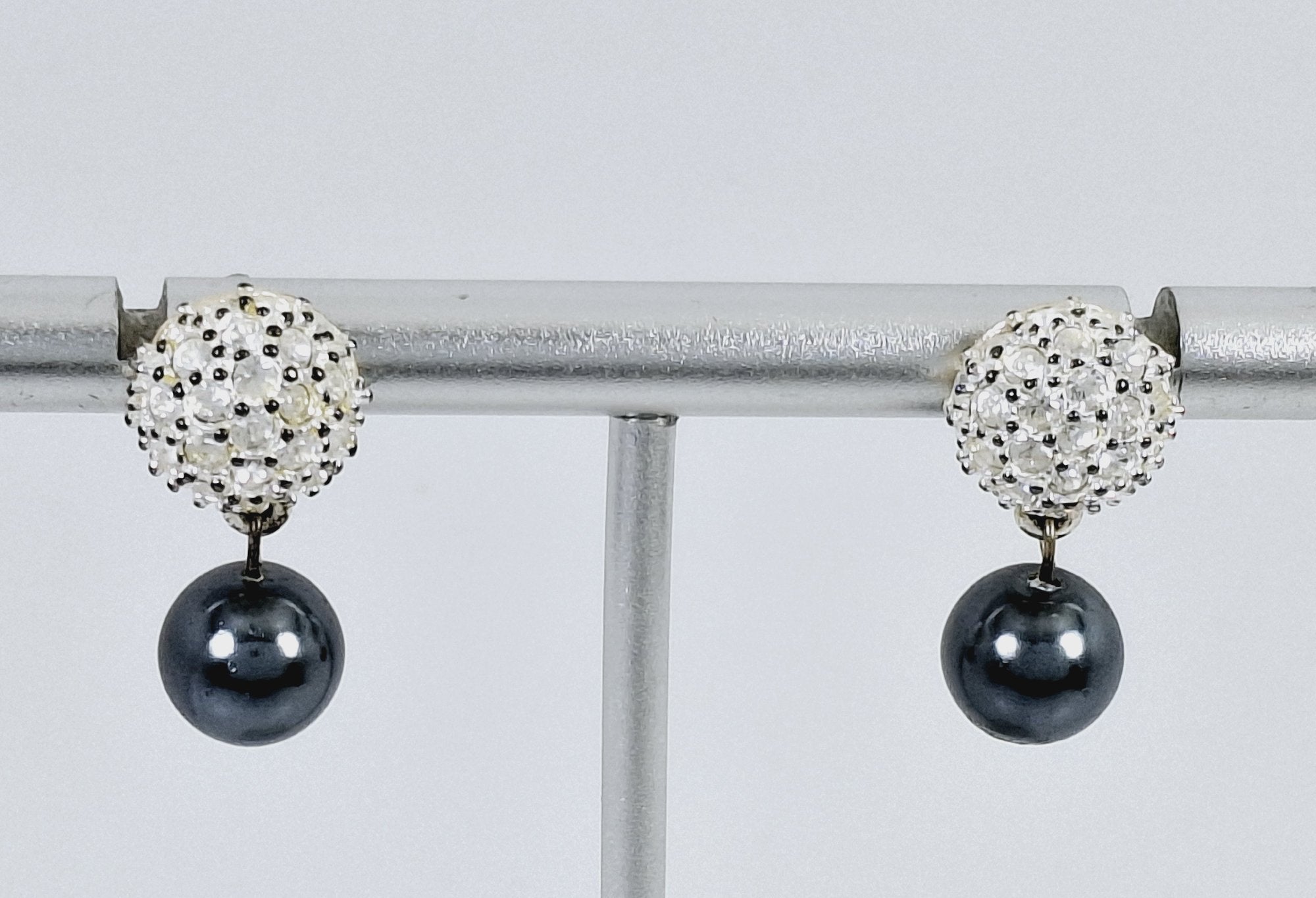 Vintage Silvertone Gold Faux Pearl & Crystal Cluster Drop Earrings w/14K Post