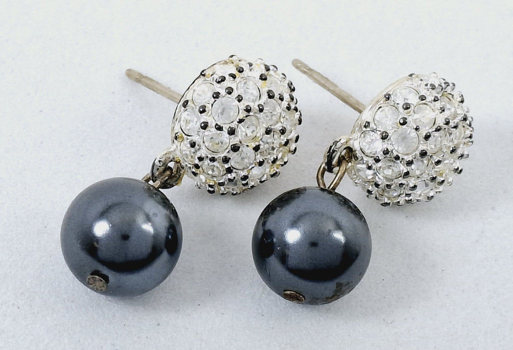 Vintage Silvertone Gold Faux Pearl & Crystal Cluster Drop Earrings w/14K Post