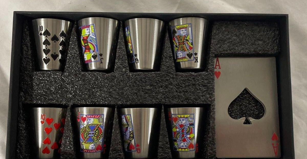 Royal Collection Playing Cards 8 Shot Glasses & 2 Card Bottle Openers