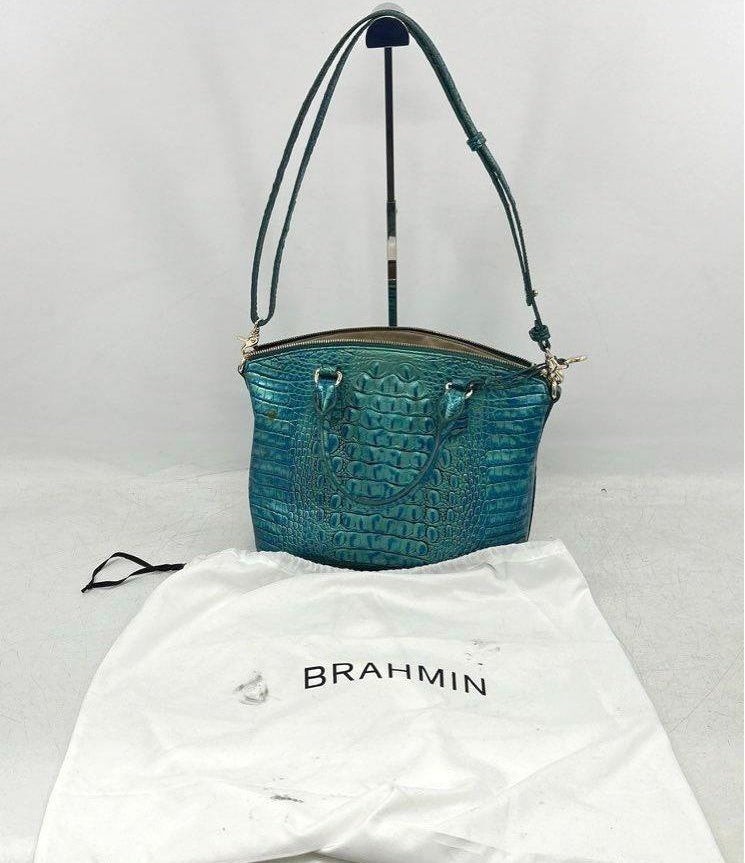 Brahmin Teal Croc Embossed Leather Satchel with Strap