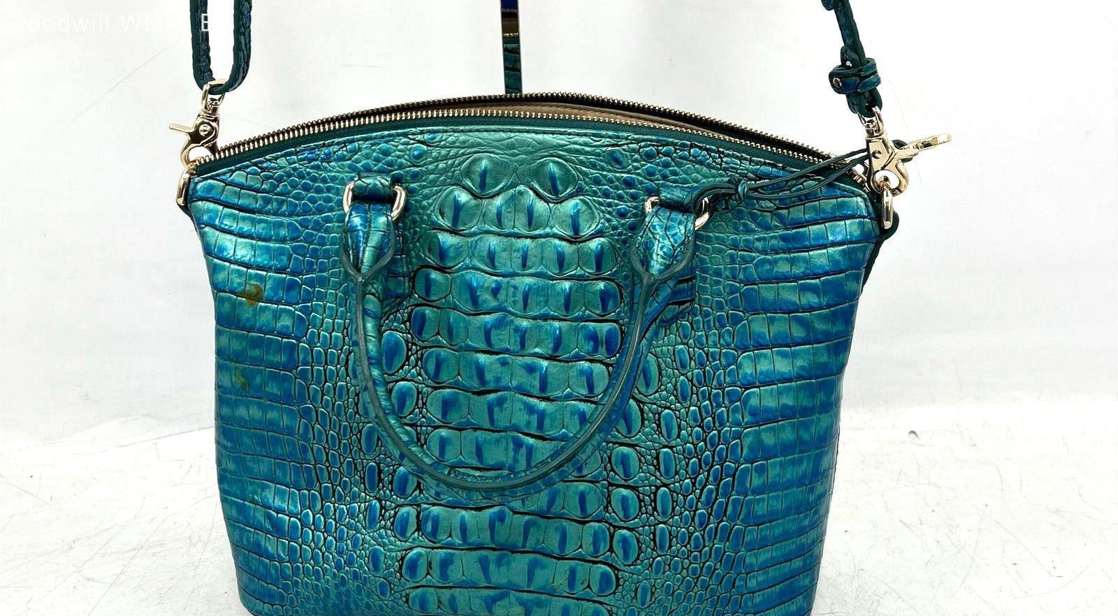 Brahmin Teal Croc Embossed Leather Satchel with Strap