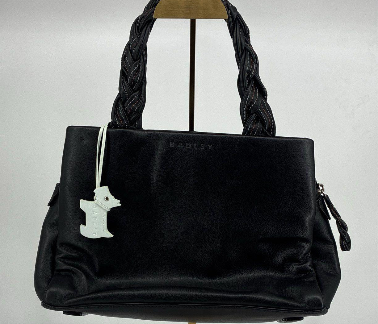 Radley London Black Leather Braided-Handle Shoulder Bag with Scottie Dog Charm