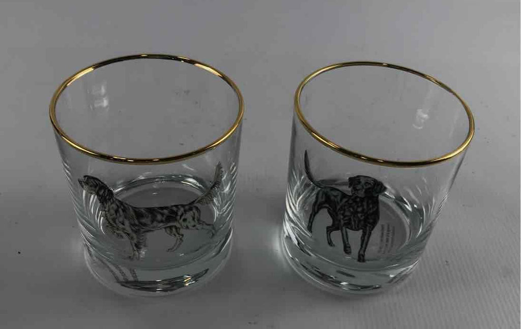 Pressed Glass Clear Sport Dog Whiskey Glasses Set 2 Gold Rim Hunting Dog 3.25"