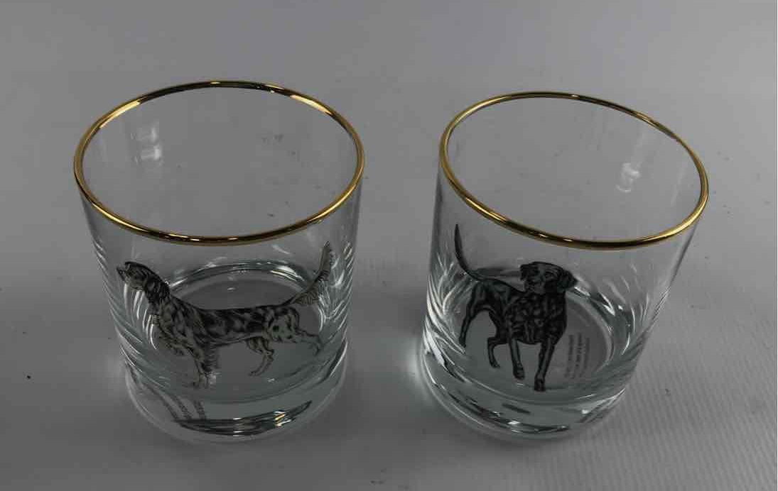 Pressed Glass Clear Sport Dog Whiskey Glasses Set 2 Gold Rim Hunting Dog 3.25"