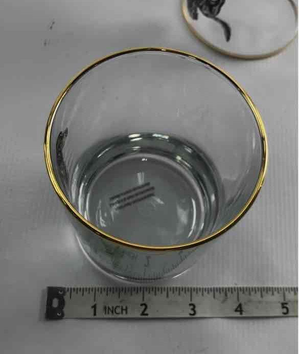 Pressed Glass Clear Sport Dog Whiskey Glasses Set 2 Gold Rim Hunting Dog 3.25"