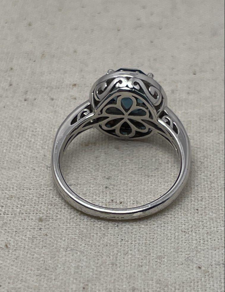 925 Silver Blue & Clear Rhinestone Ornate Ring Size 9