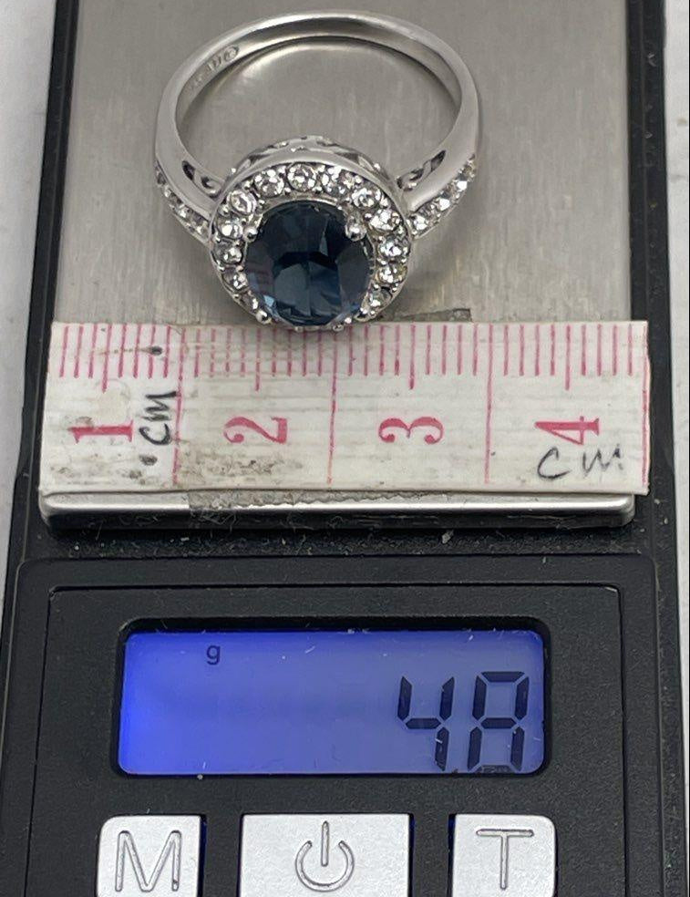 925 Silver Blue & Clear Rhinestone Ornate Ring Size 9