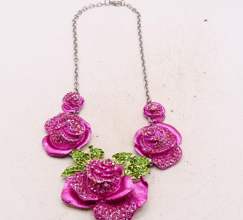 Pink Rose Cluster Rhinestone Statement Necklace