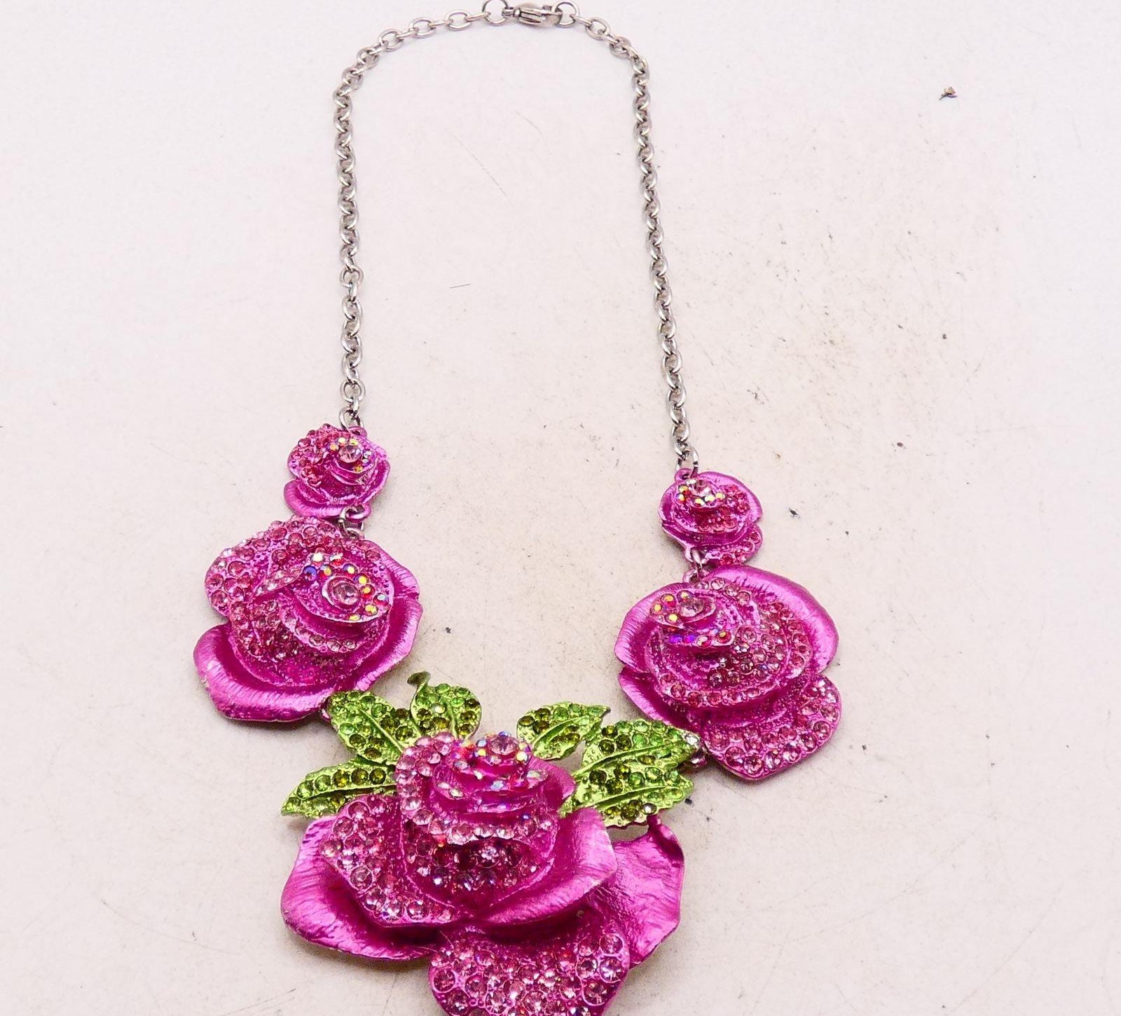 Pink Rose Cluster Rhinestone Statement Necklace