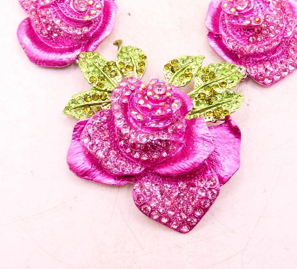 Pink Rose Cluster Rhinestone Statement Necklace